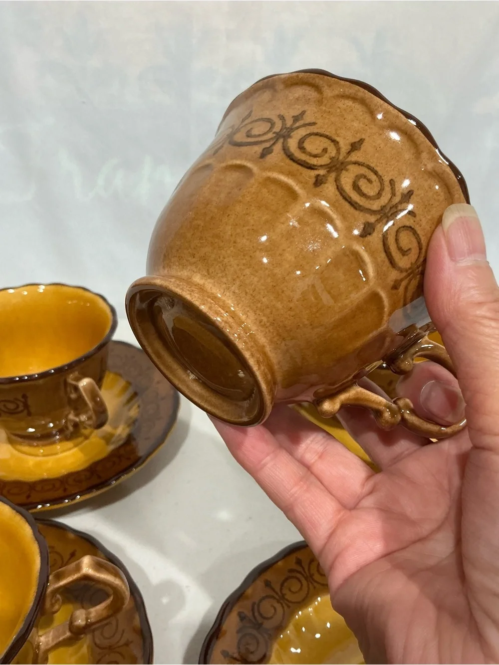 Amber Brown Ceramic Teacup and Saucer Set - 5pc